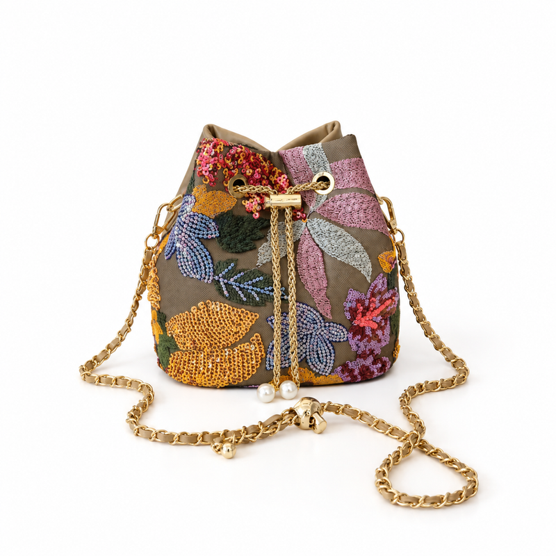 Floral Embroidered Sequin Chain Bucket Bag-1