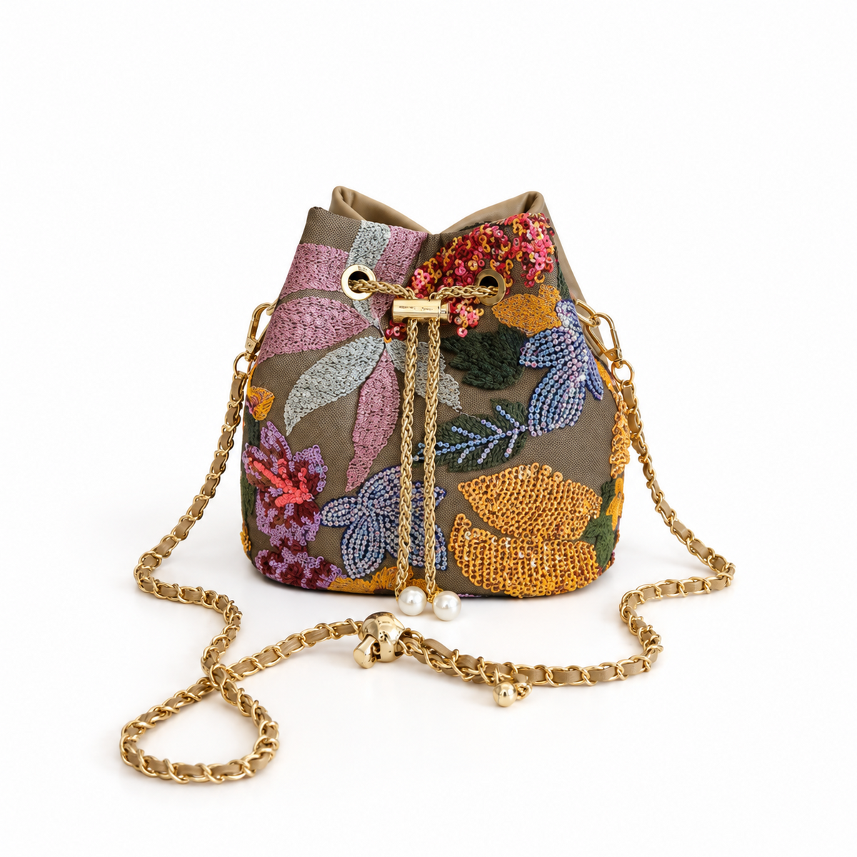 Floral Embroidered Sequin Chain Bucket Bag-4