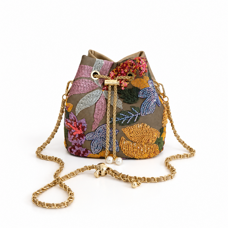 Floral Embroidered Sequin Chain Bucket Bag-4