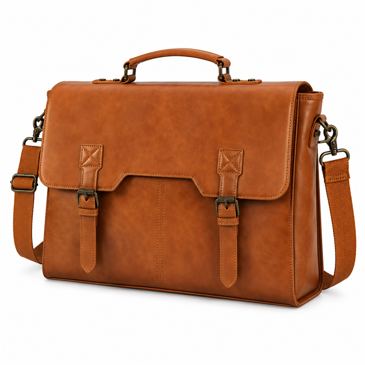 Classic Cognac Leather Briefcase With Buckles-3
