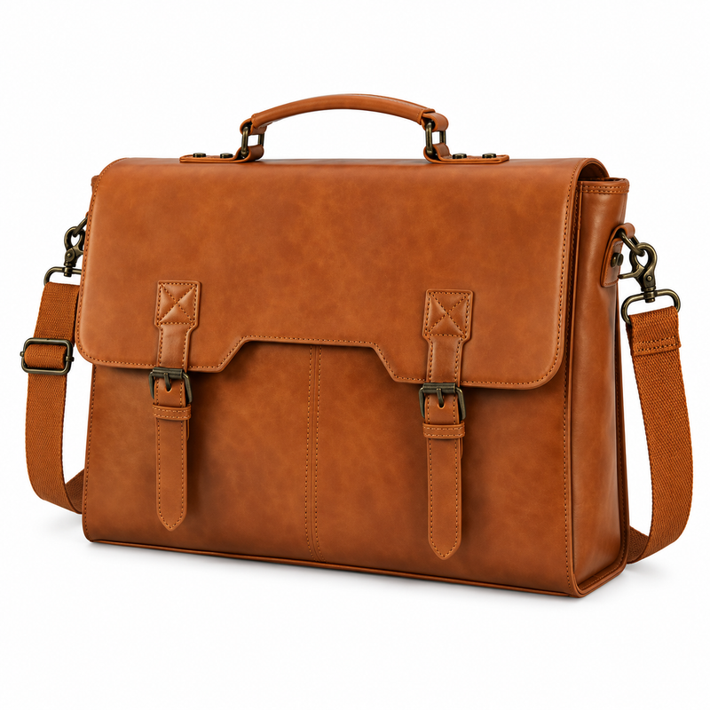 Classic Cognac Leather Briefcase With Buckles-3