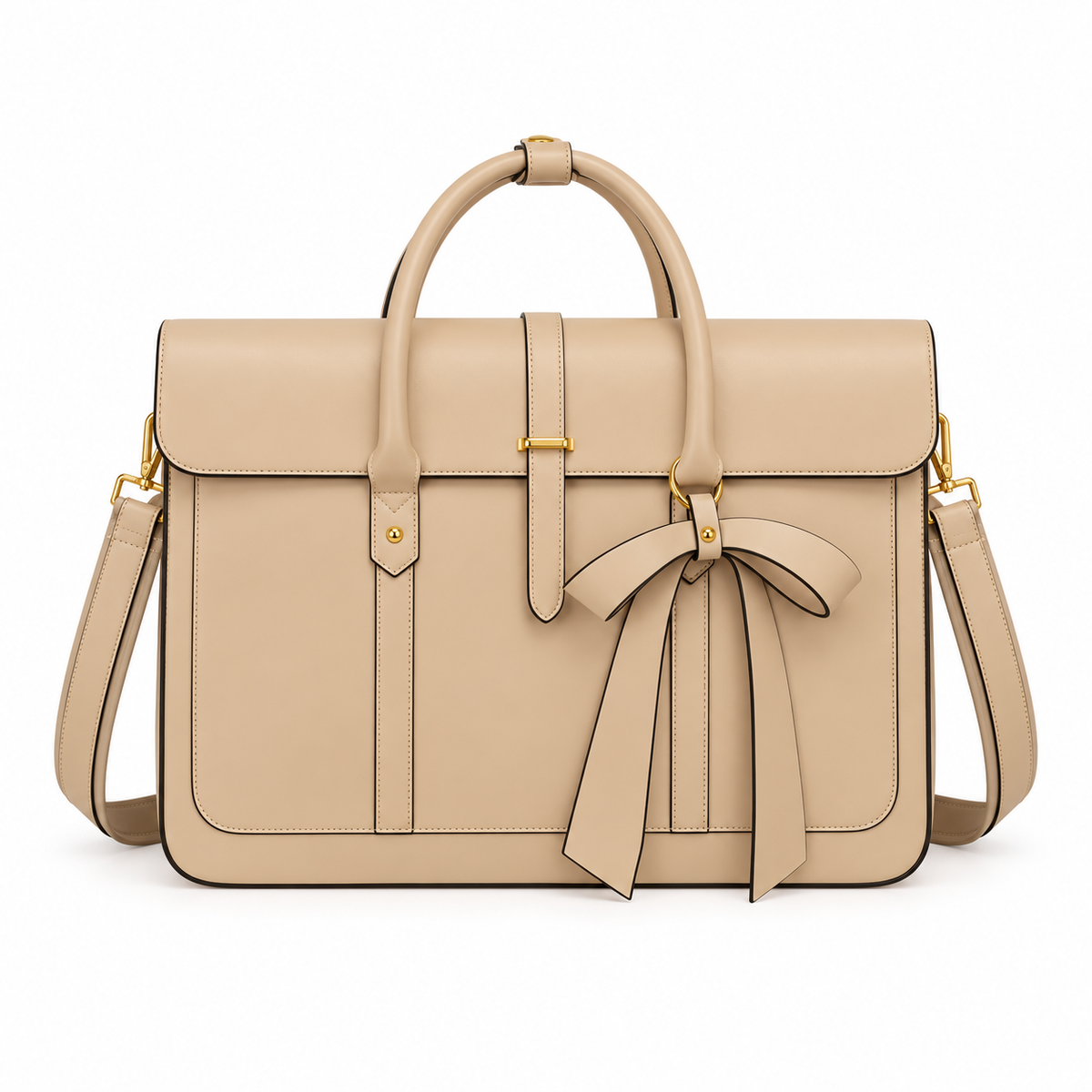 Beige Leather Laptop Bag With Bow-4