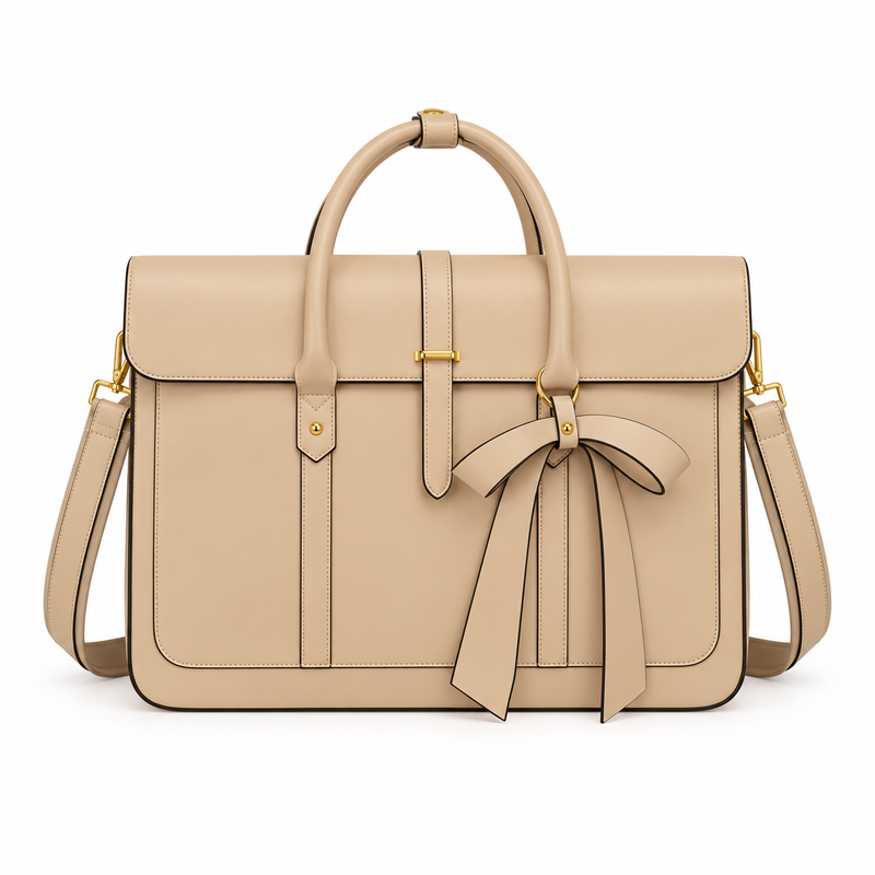 Beige Leather Laptop Bag With Bow-4