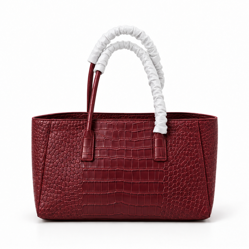 Burgundy Croc Textured Structured Tote Handbag-2