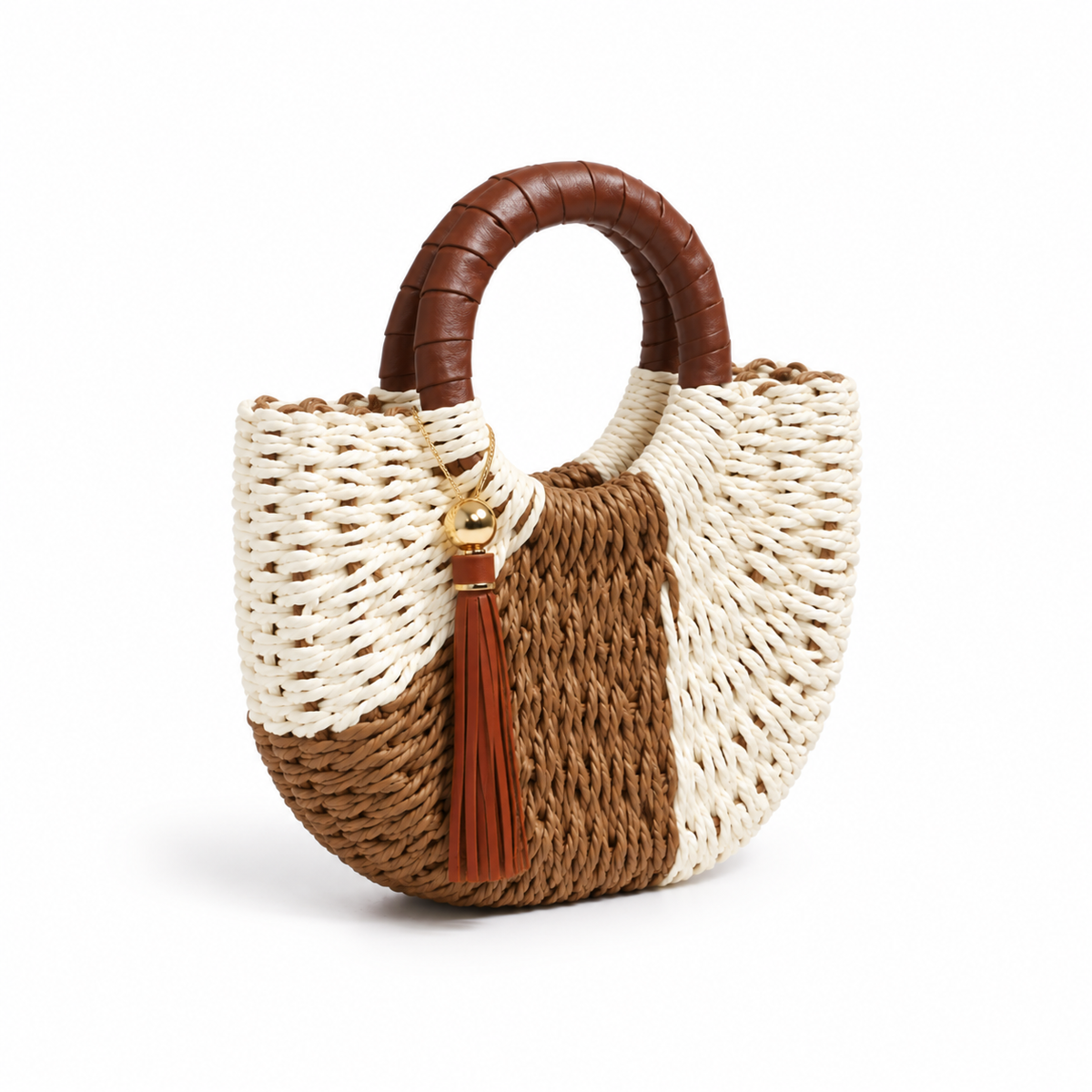 Two-Tone Woven Round Handle Handbag-1