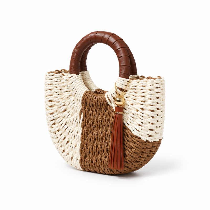 Two-Tone Woven Round Handle Handbag-3