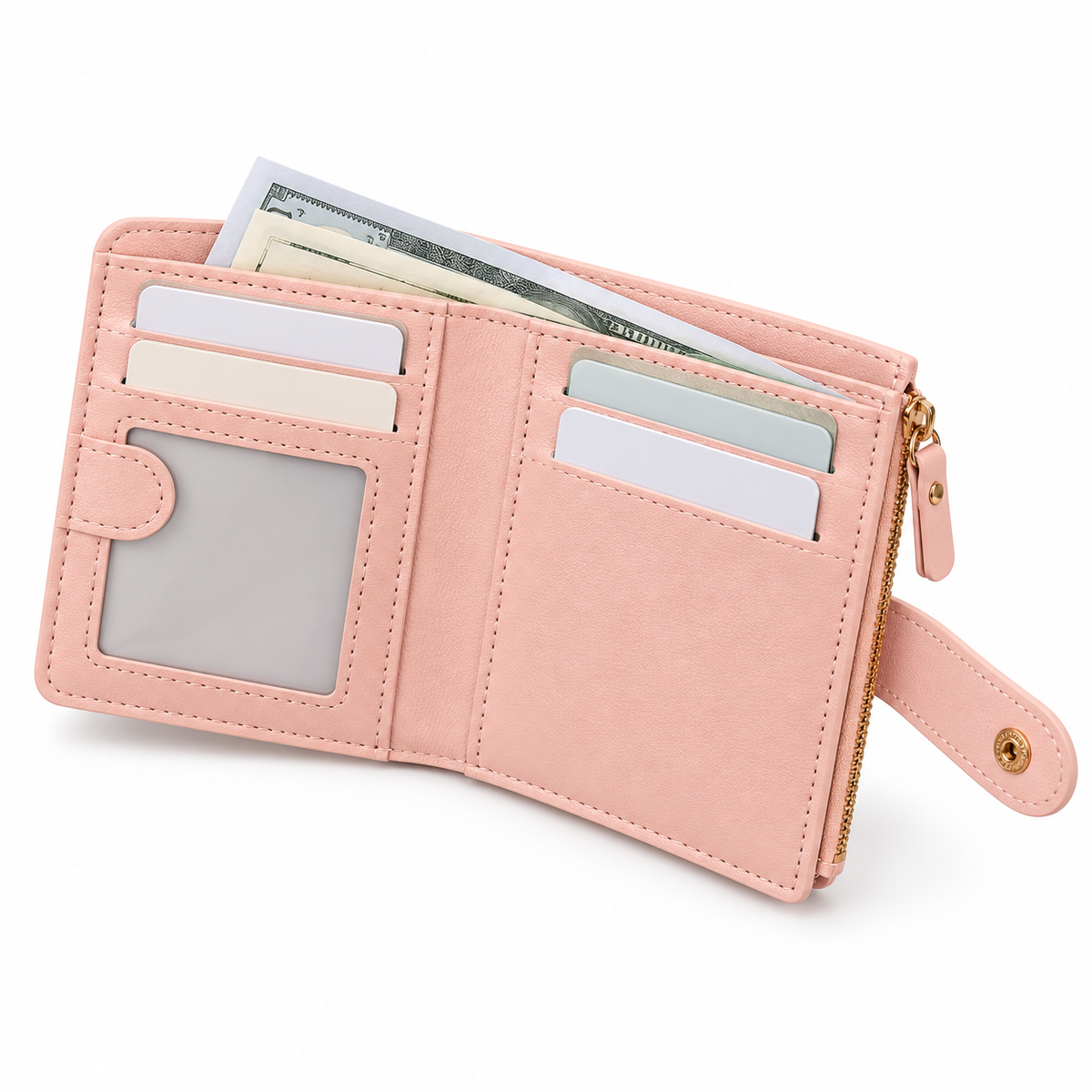 Blush Pink Compact Wallet With Zippers