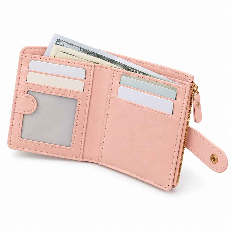 Blush Pink Compact Wallet With Zippers-2