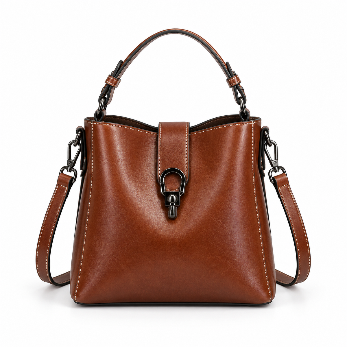 Coffee Brown Structured Leather Shoulder Handbag-4
