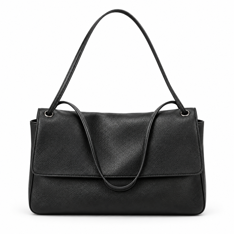 Classic Black Vegan Leather Shoulder Bag-4