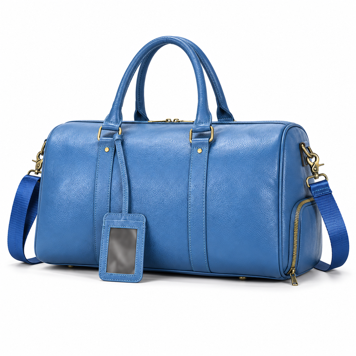 Blue Leather Duffel Bag With Strap-3