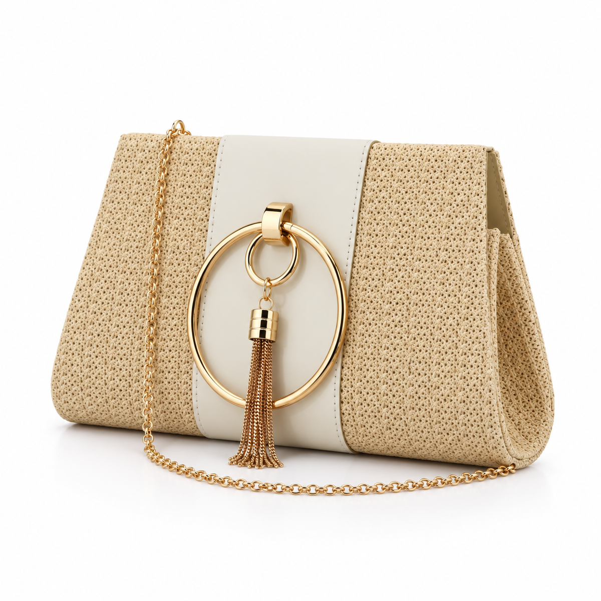 Light Yellow Woven Clutch Tassel Bag-3