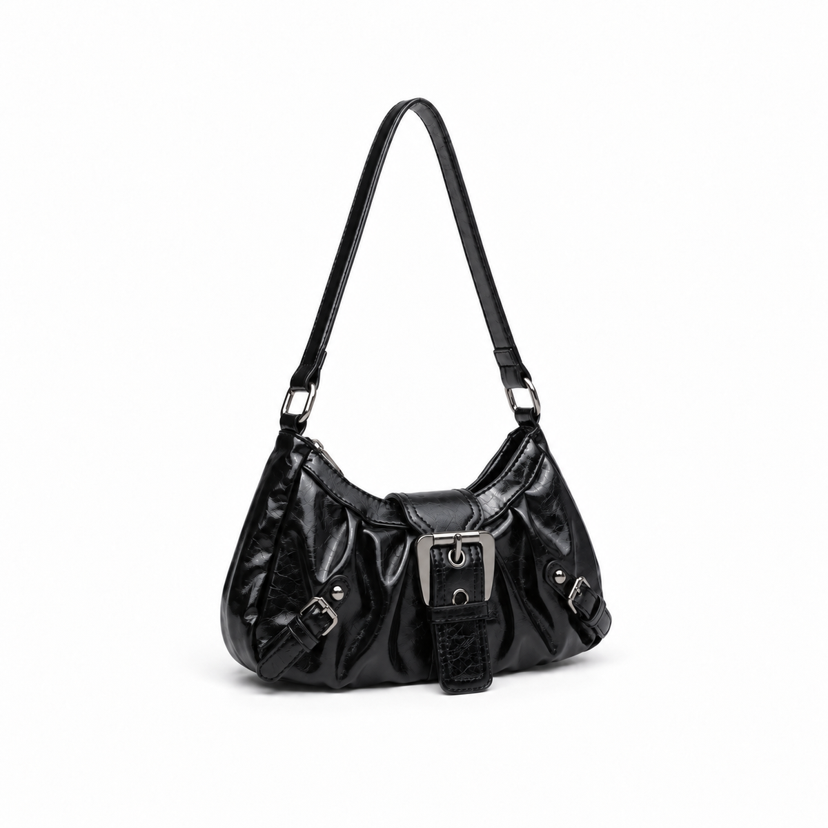 Glossy Black Buckle Shoulder Hobo Bag-1