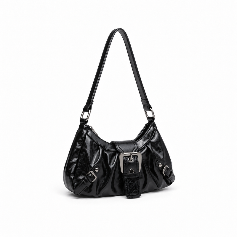 Glossy Black Buckle Shoulder Hobo Bag-1