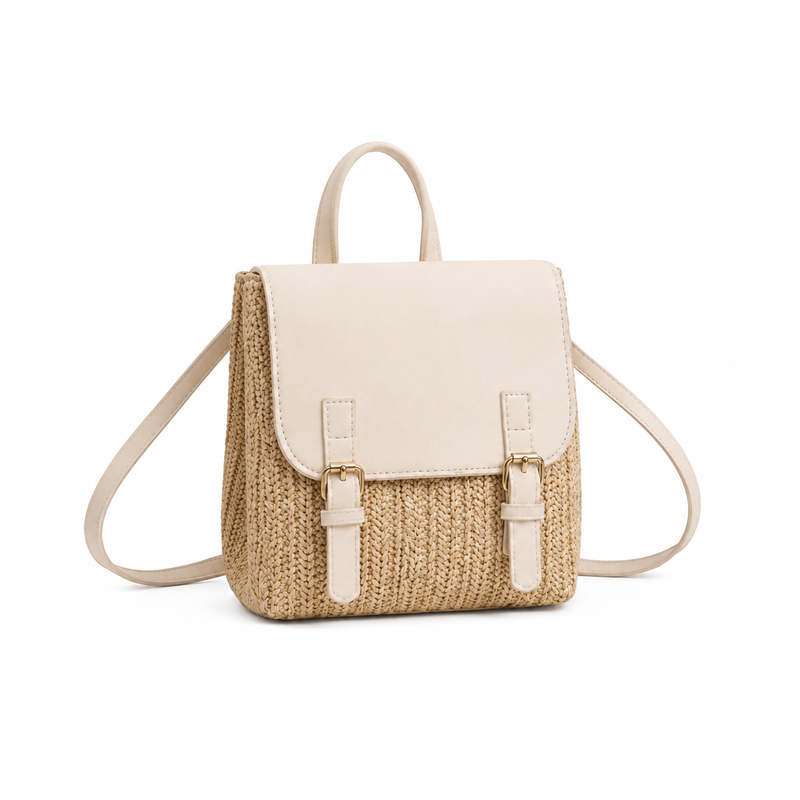 Beige Woven Straw Mini Backpack Handbag-1