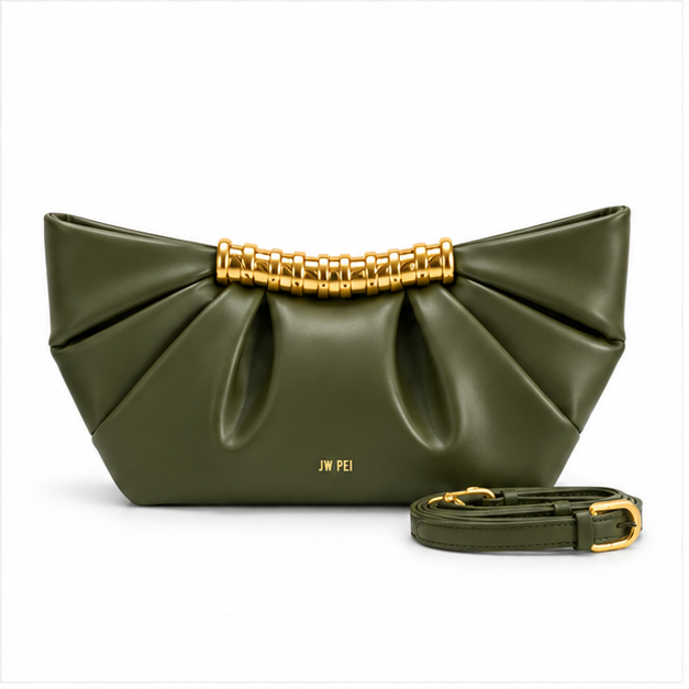Army Green Pleated Gold Accent Clutch-4