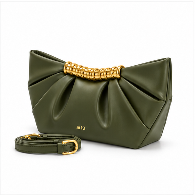 Army Green Pleated Gold Accent Clutch-3