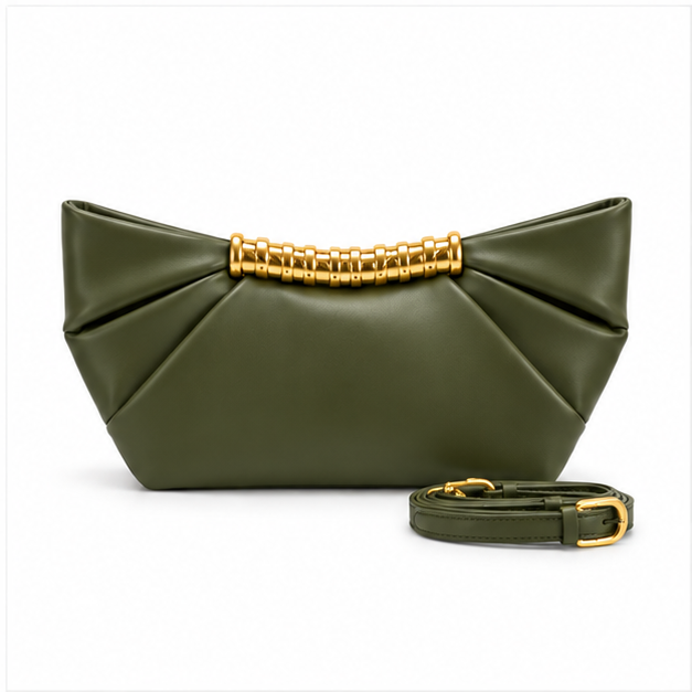 Army Green Pleated Gold Accent Clutch-2