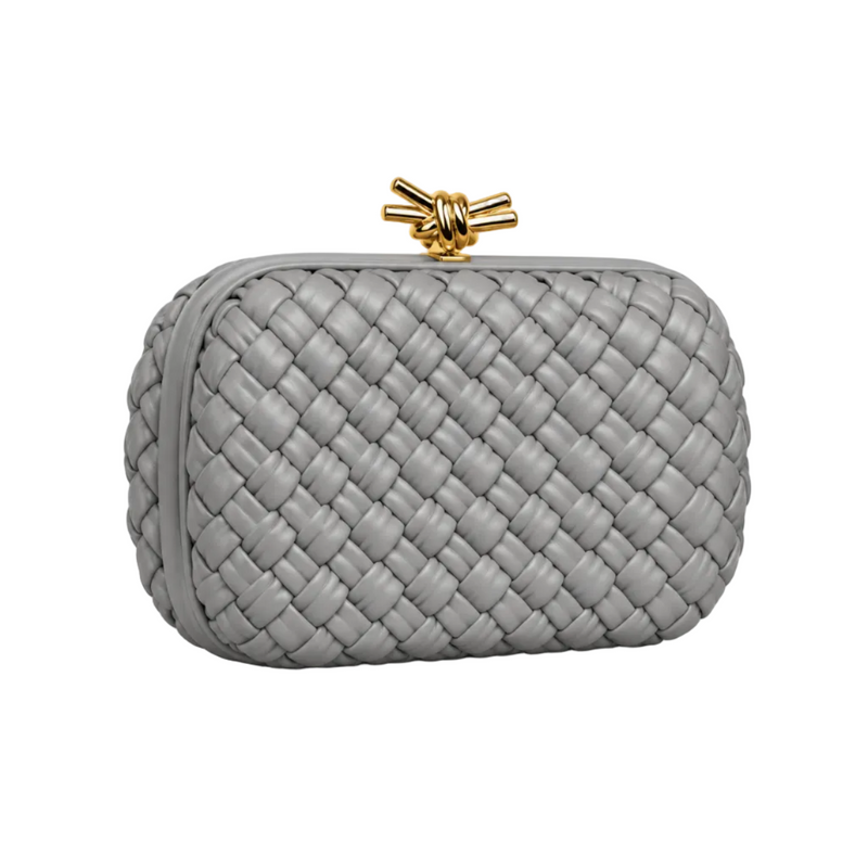 Grey Woven Clutch With Golden Knot-1