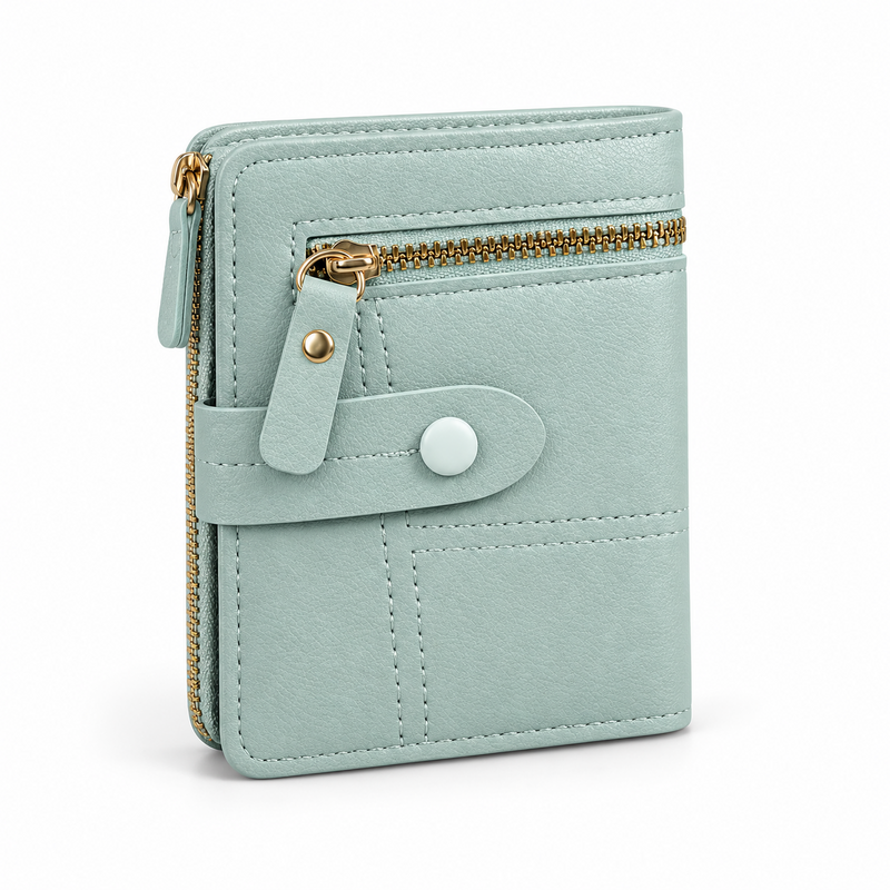 Mint Green Compact Bifold Zipper Wallet-1