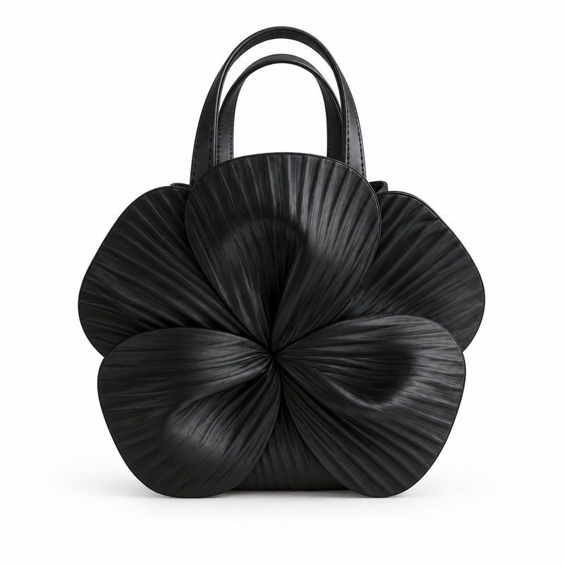 Elegant Black Pleated Flower Handle Clutch-2