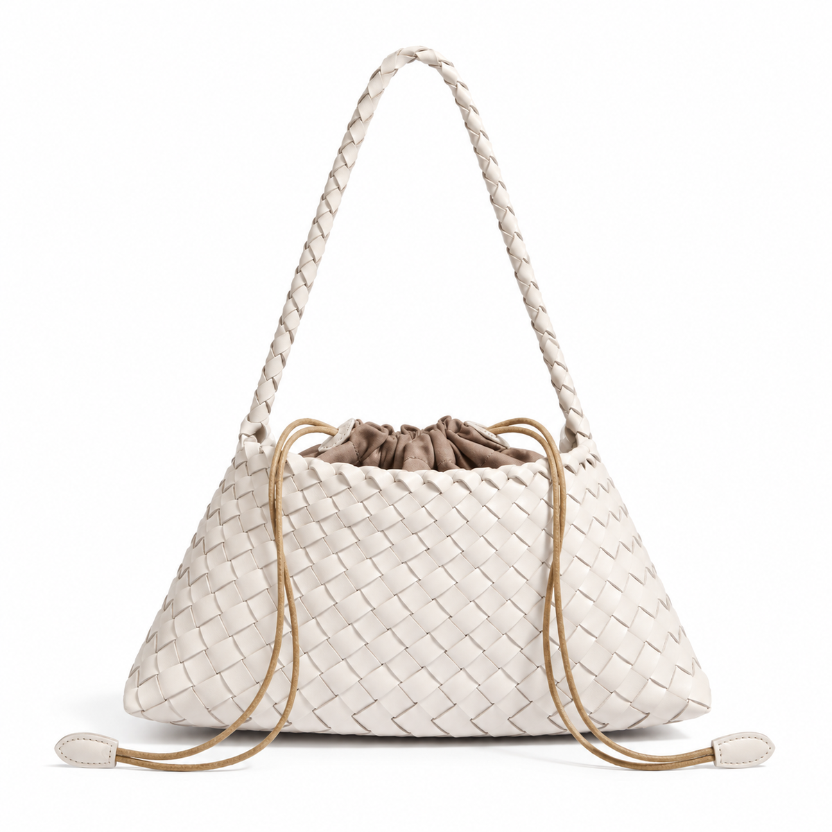 Ivory Woven Shoulder Bag With Drawstring