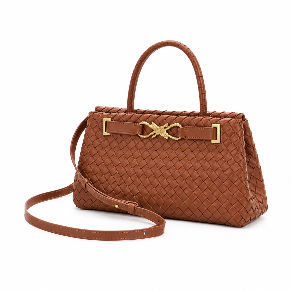 Brown Woven Handbag With Gold Hardware-3