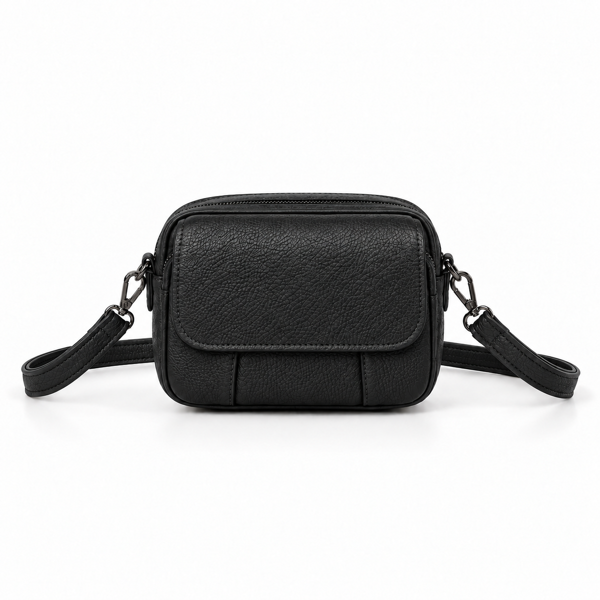 Black Textured Leather Crossbody Shoulder Bag
