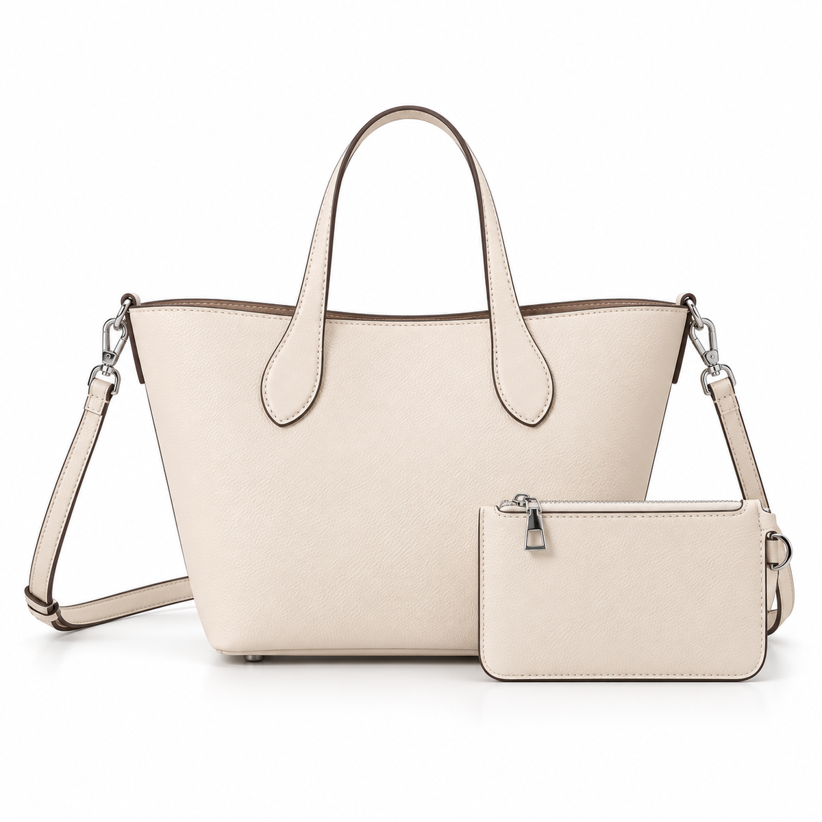 Ivory Textured Tote Bag With Pouch-2