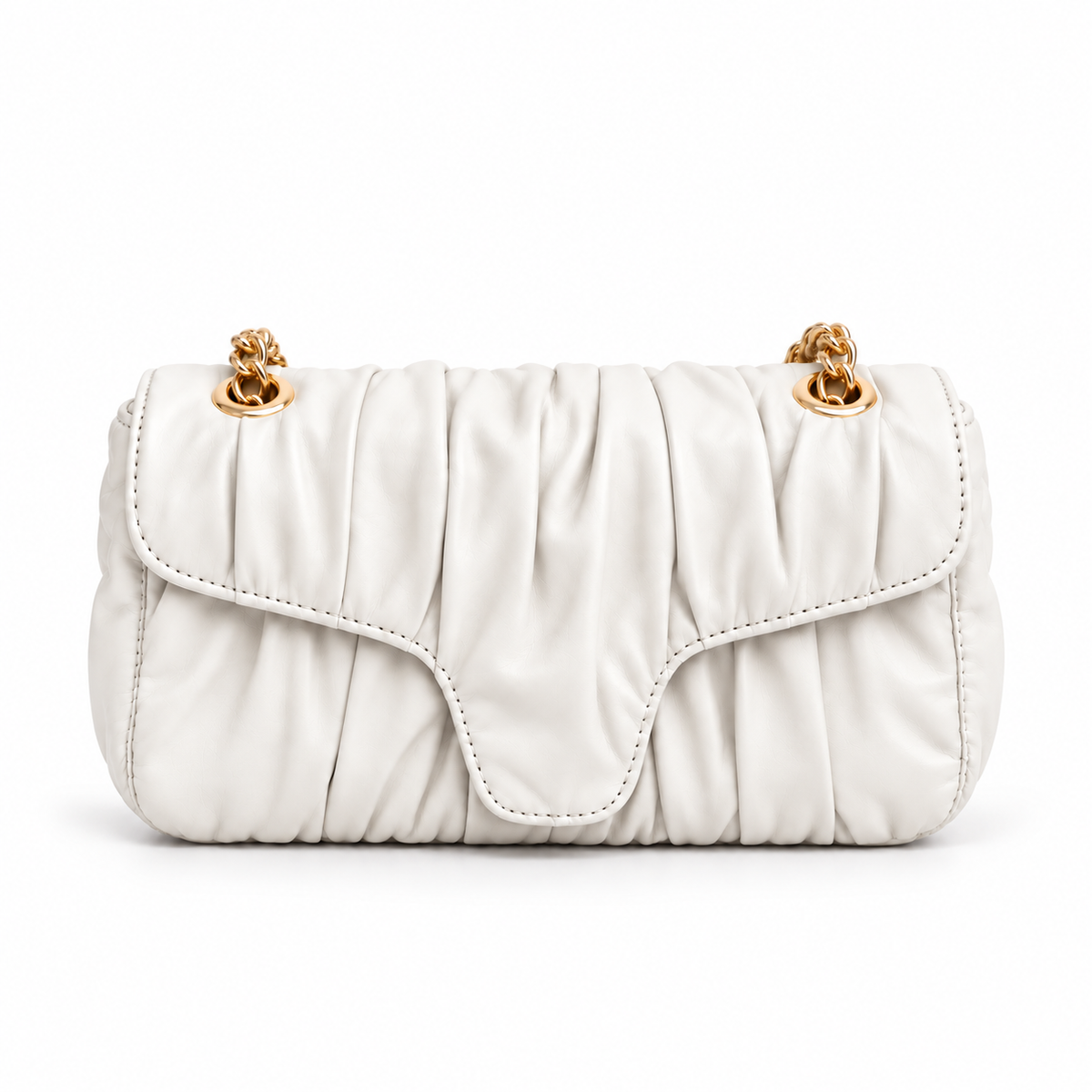 White Ruched Gold Chain Shoulder Handbag-4