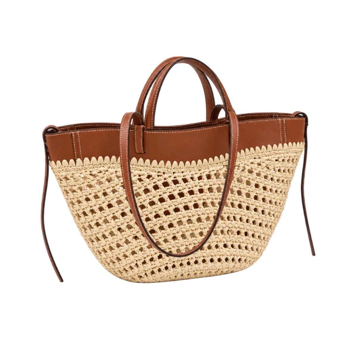 Beige Woven Crochet Tote With Brown Straps-1