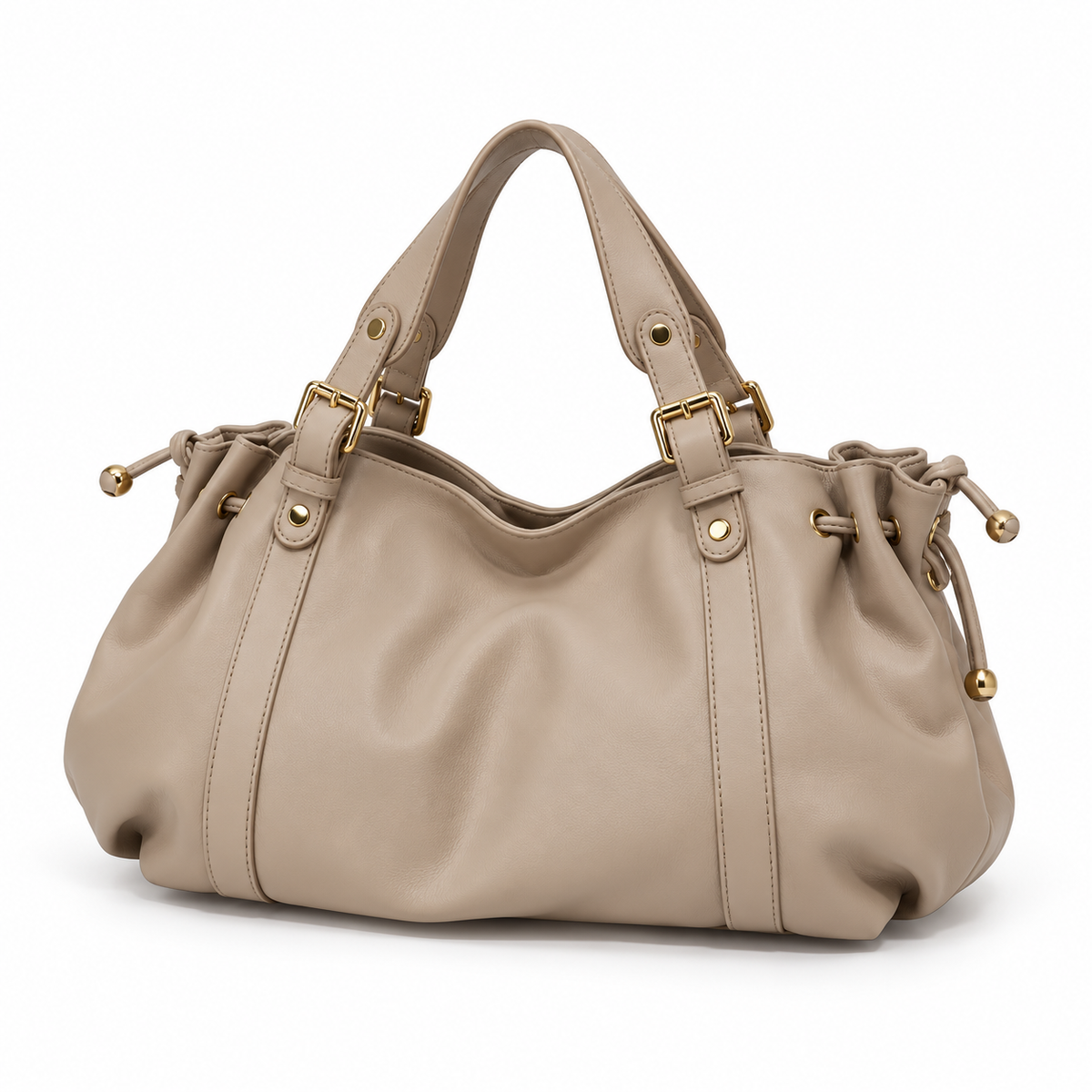 Elegant Taupe Slouchy Drawstring Tote Handbag-3