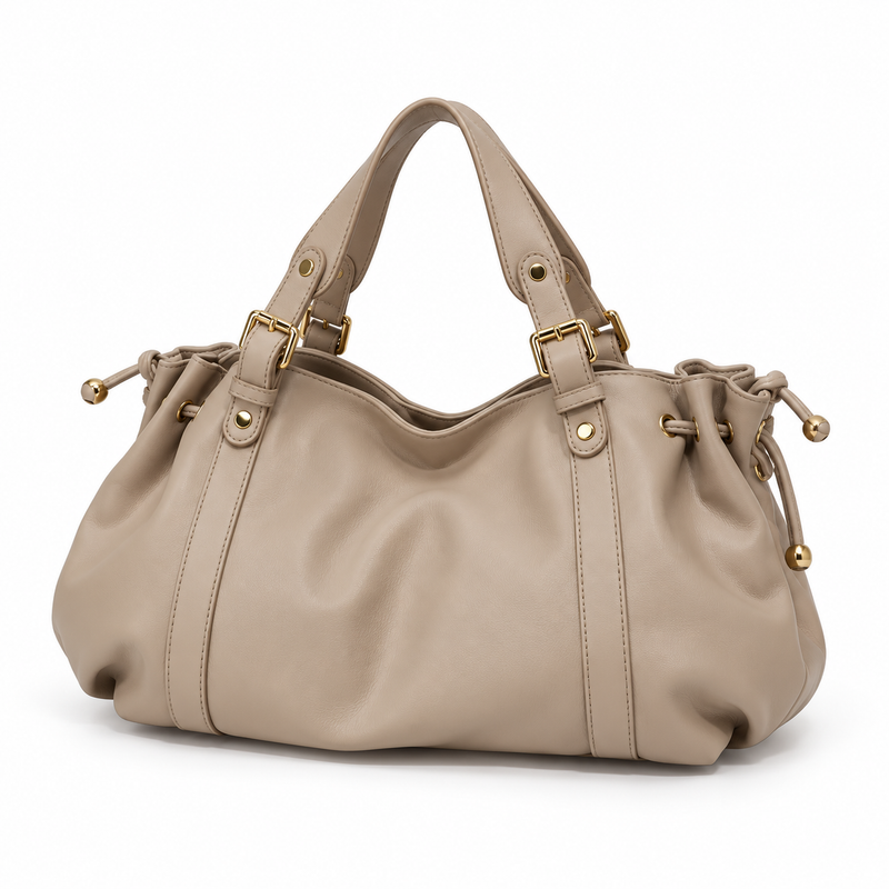 Elegant Taupe Slouchy Drawstring Tote Handbag-3