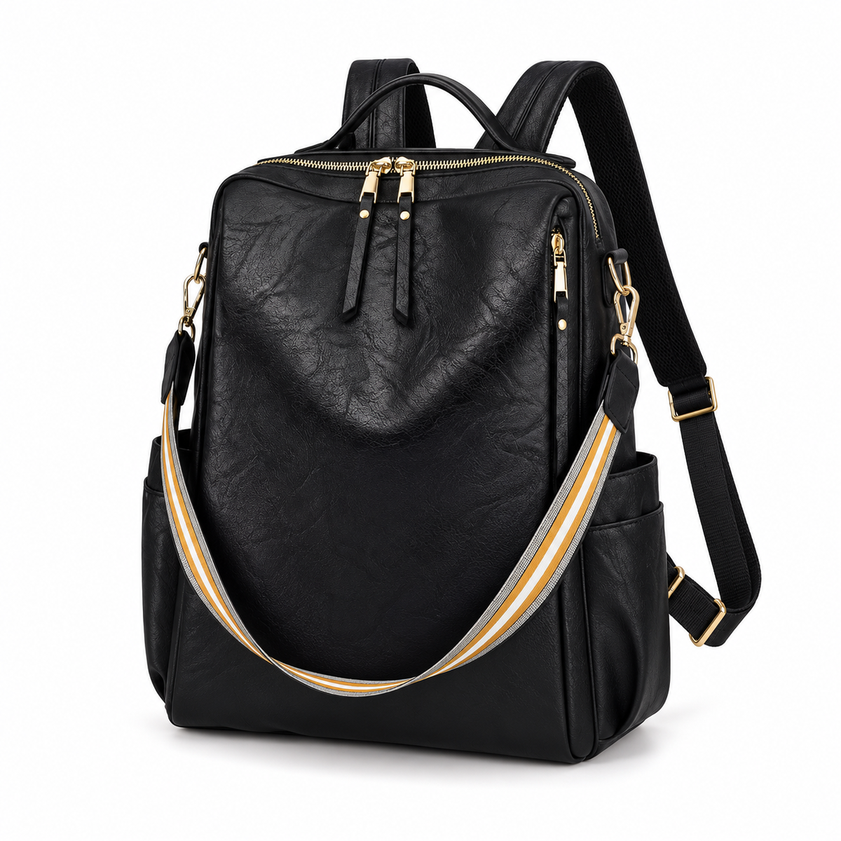 Black Textured Backpack With Striped Strap