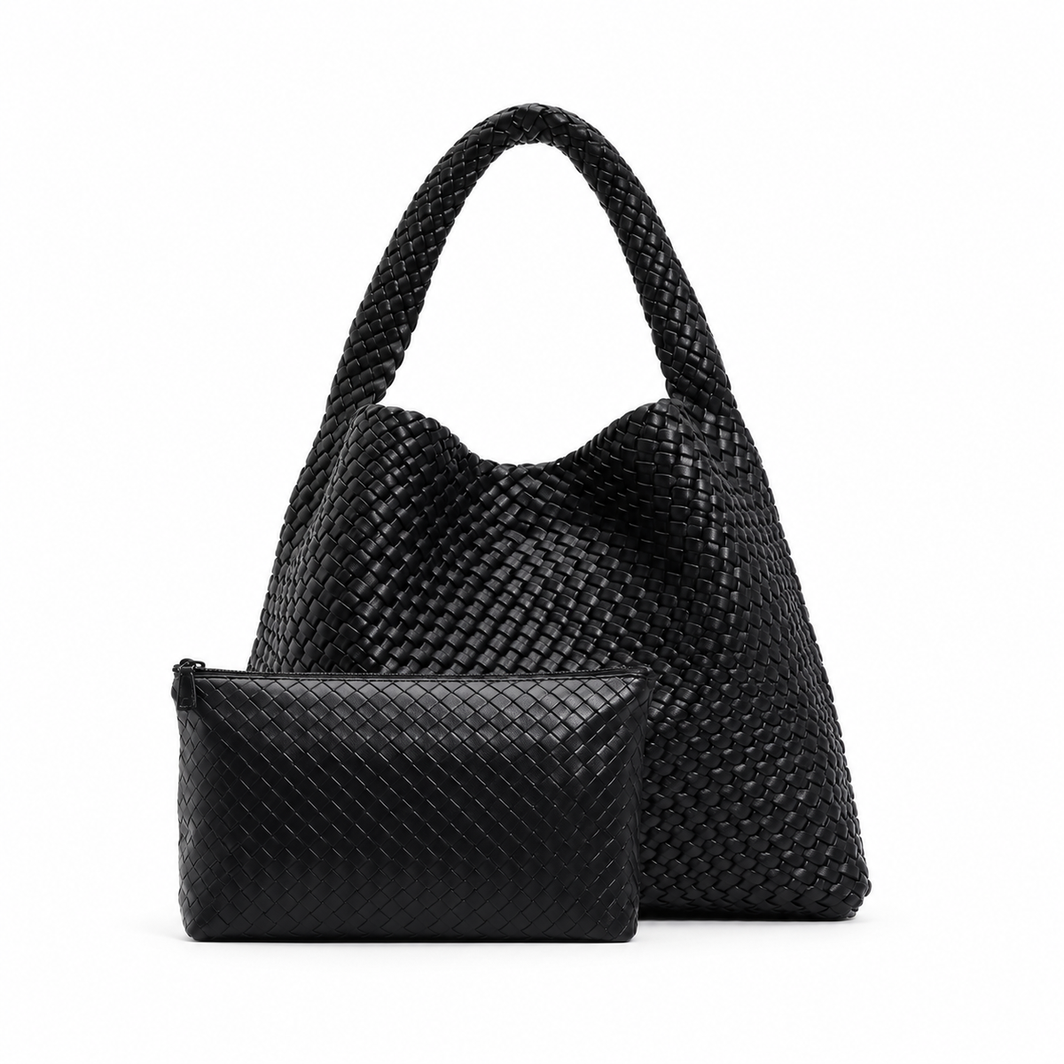 Black Woven Hobo Tote With Pouch-4