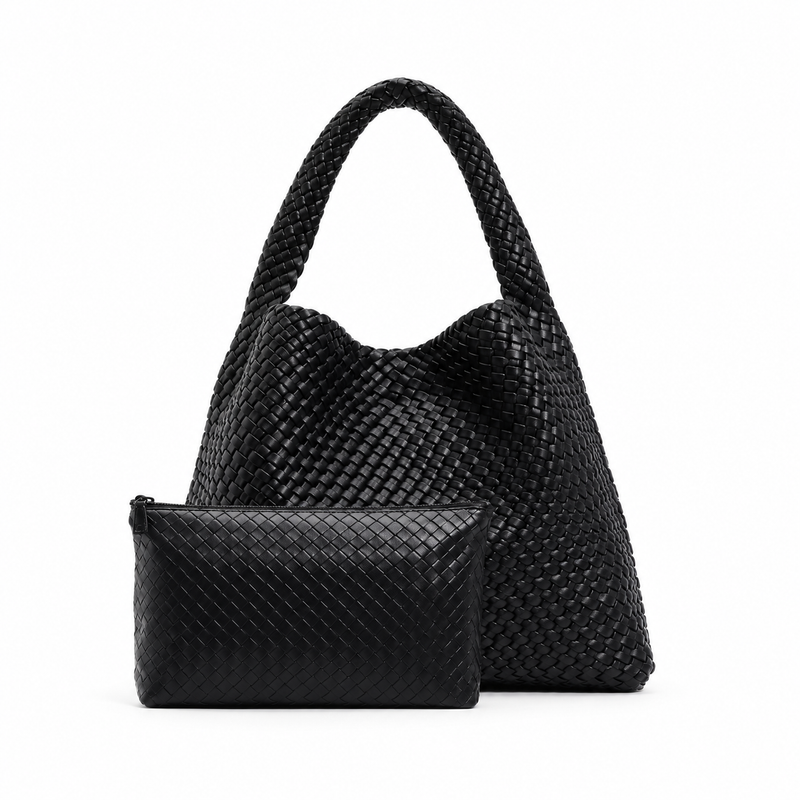 Black Woven Hobo Tote With Pouch-4