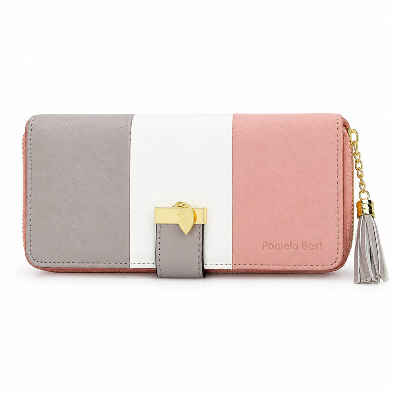 Pink Grey Color Block Tassel Wallet-4