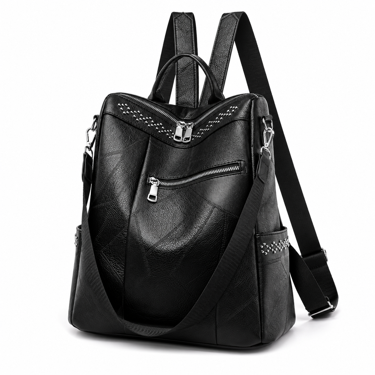 Black Textured Backpack With Studded Details-3
