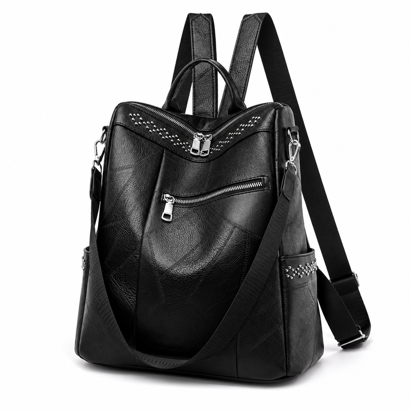 Black Textured Backpack With Studded Details-3