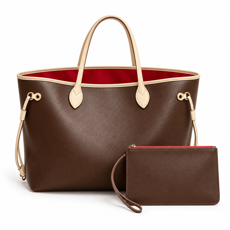 Chocolate Brown Leather Canvas Tote Bag-2
