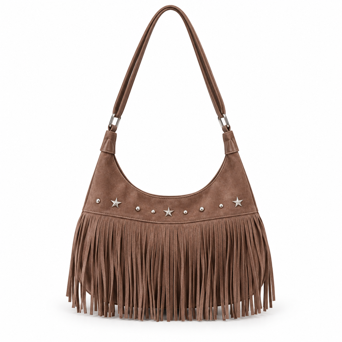 Vintage Brown Star Studded Fringe Shoulder Bag-3