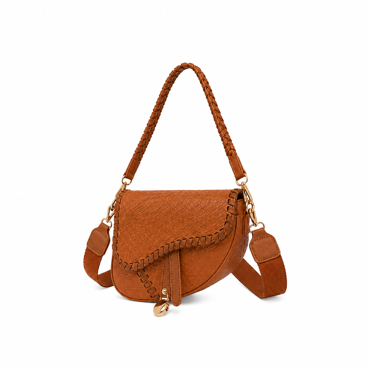Cognac Woven Leather Braided Saddle Bag-2