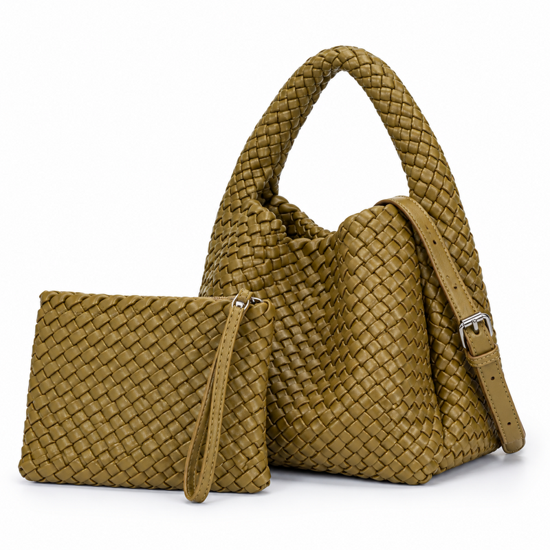 Olive Green Woven Handbag Pouch Set-3