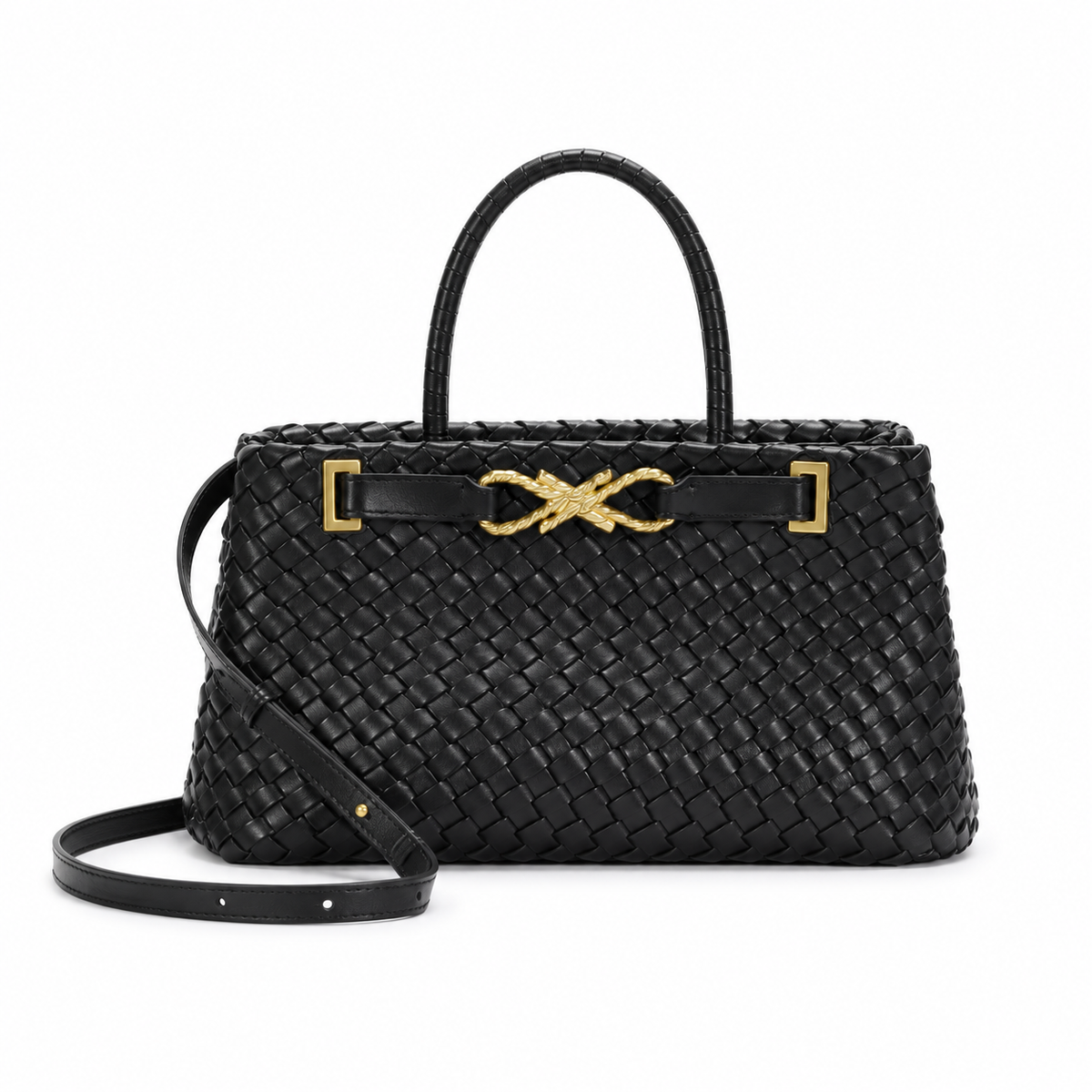 Elegant Black Woven Gold Accent Handbag-4
