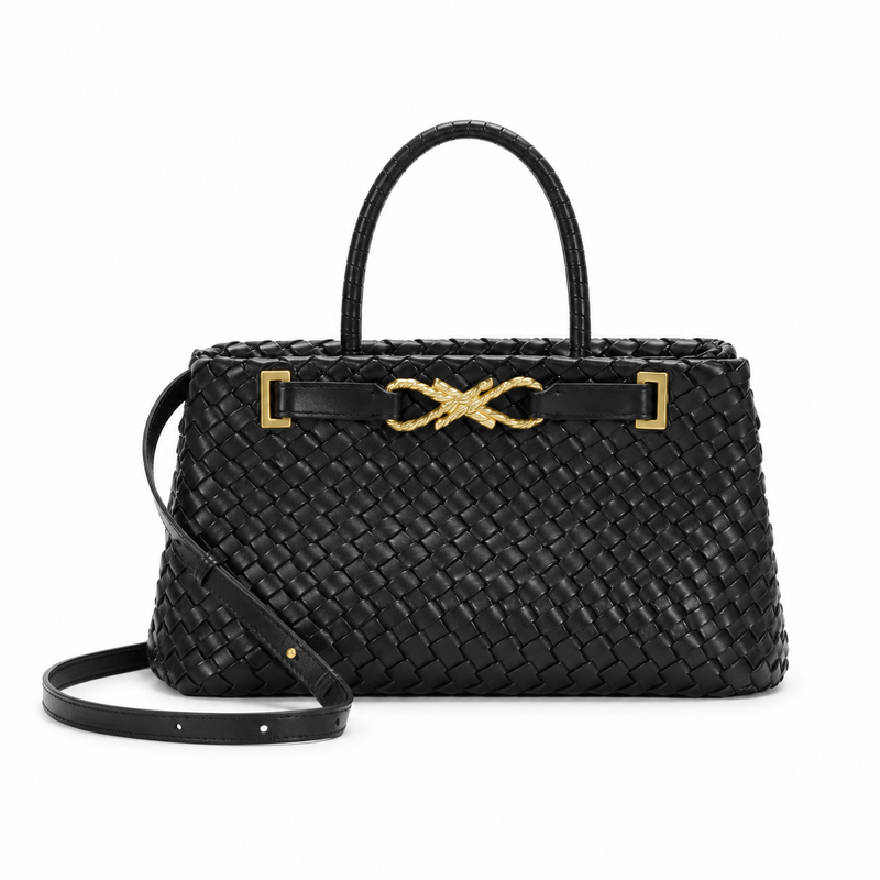 Elegant Black Woven Gold Accent Handbag-4