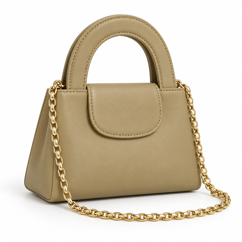 Khaki Vegan Leather Chain Handle Handbag-1