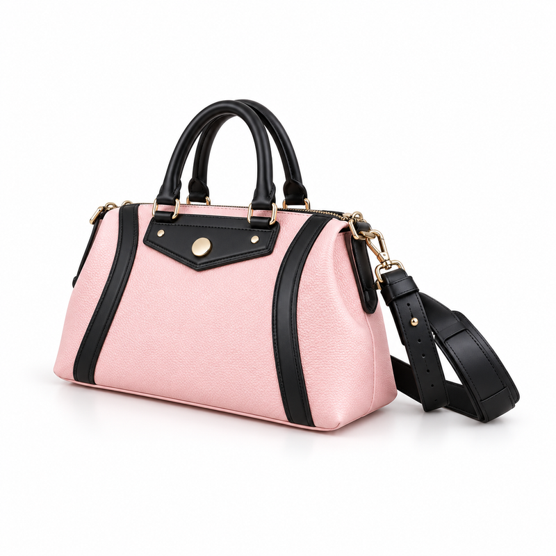 Pink Textured Handbag With Black Trim-3