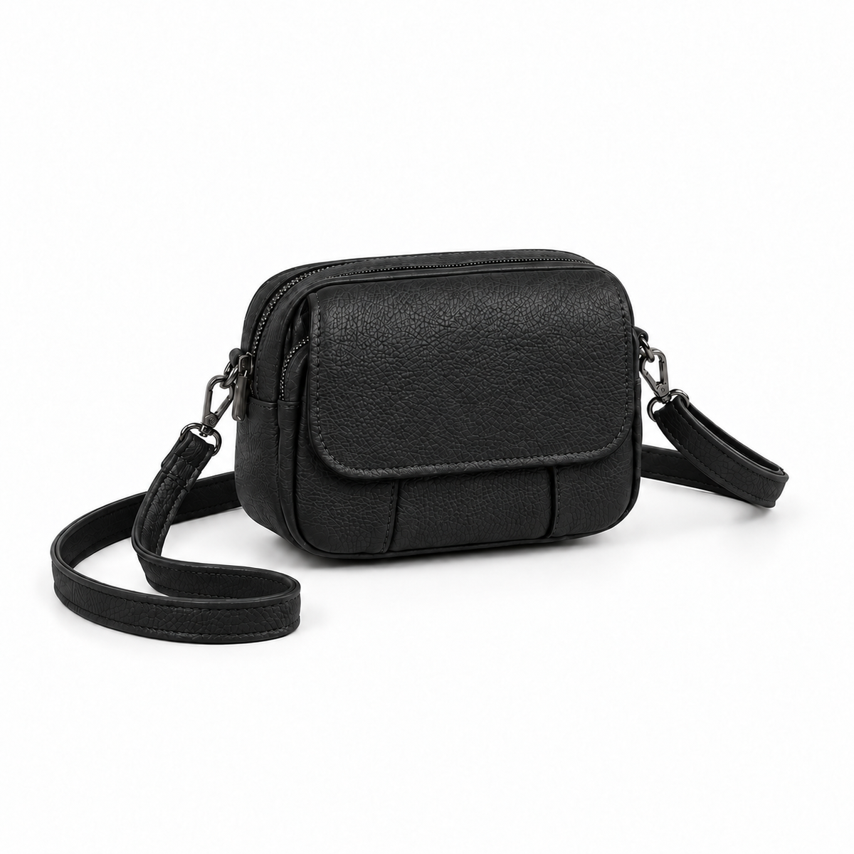 Black Textured Leather Crossbody Shoulder Bag