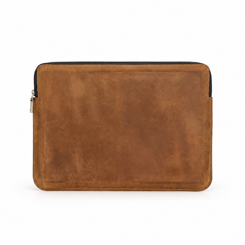 Vintage Brown Leather Zippered Laptop Bag-2