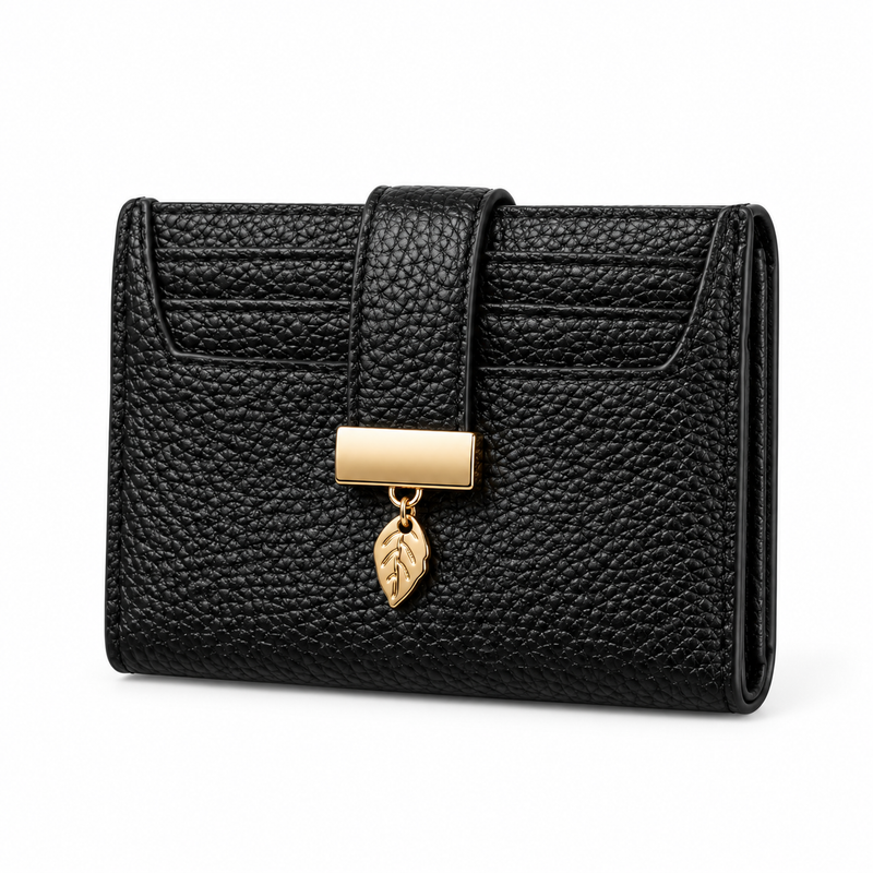 Black Pebbled Wallet With Golden Leaf-3